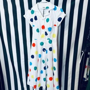 Unique Vintage White & Multicolor Polka Dots Make Me Over Flare Dress - NEW!
